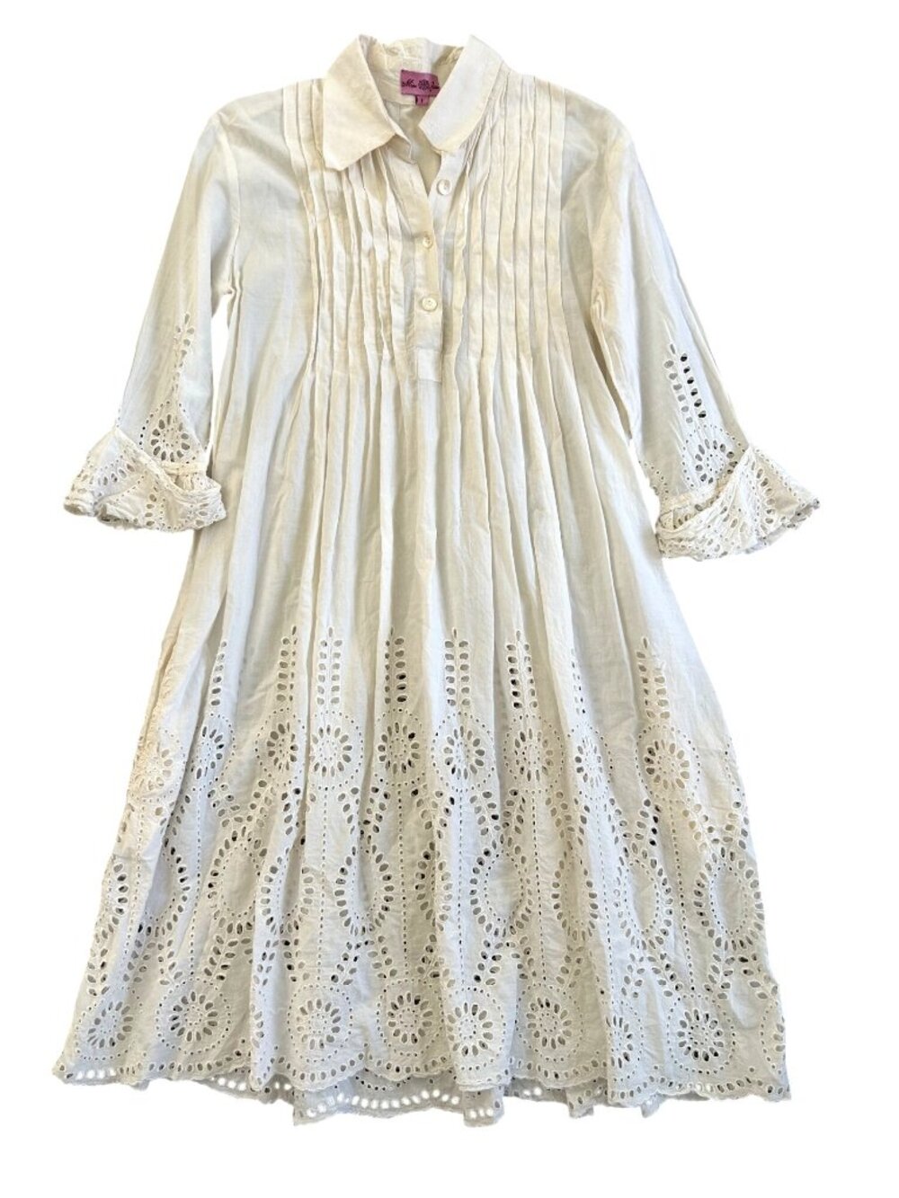 Miss June Sz 1 White Eyelet Detail Long Sleeve Dress With Collar & Pleats